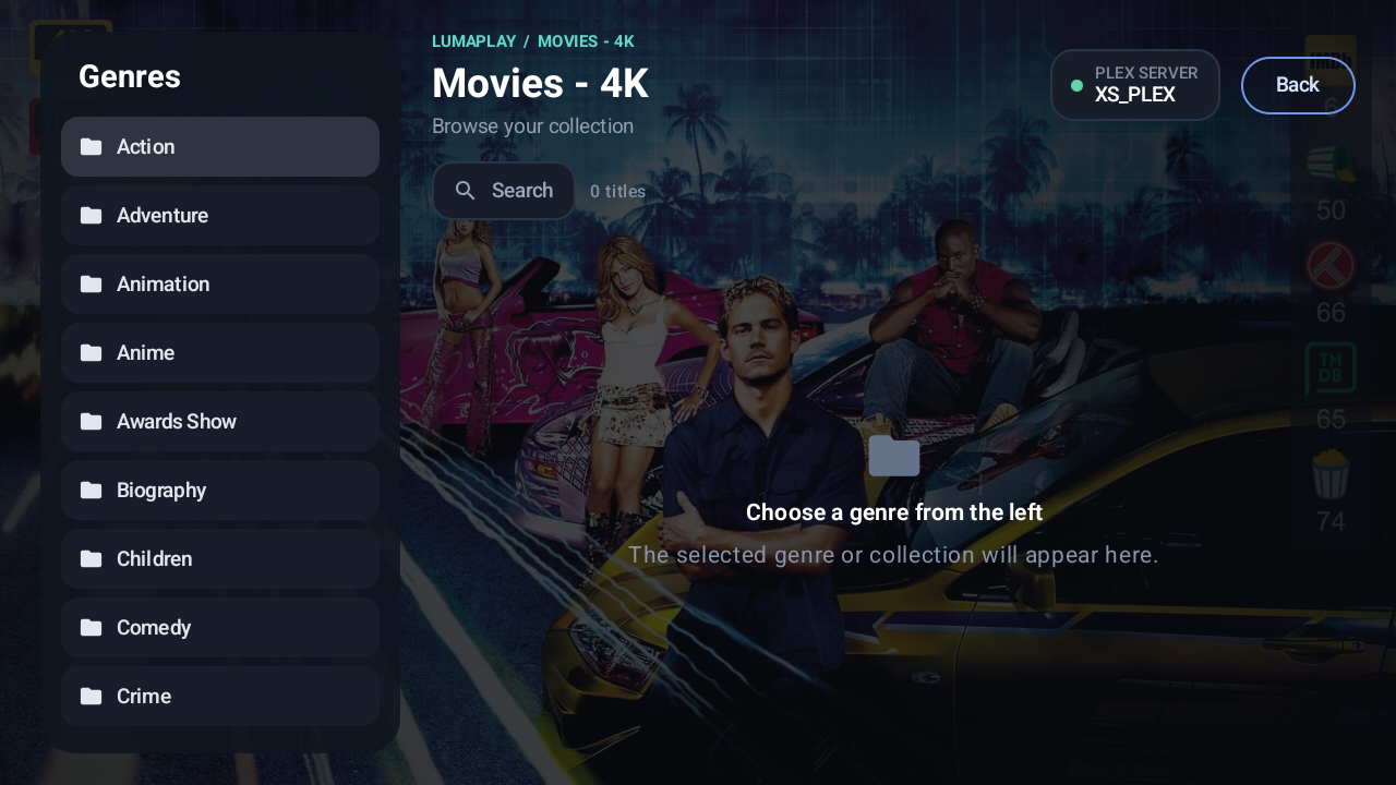 LumaPlay Plex genre browsing screen on Android TV