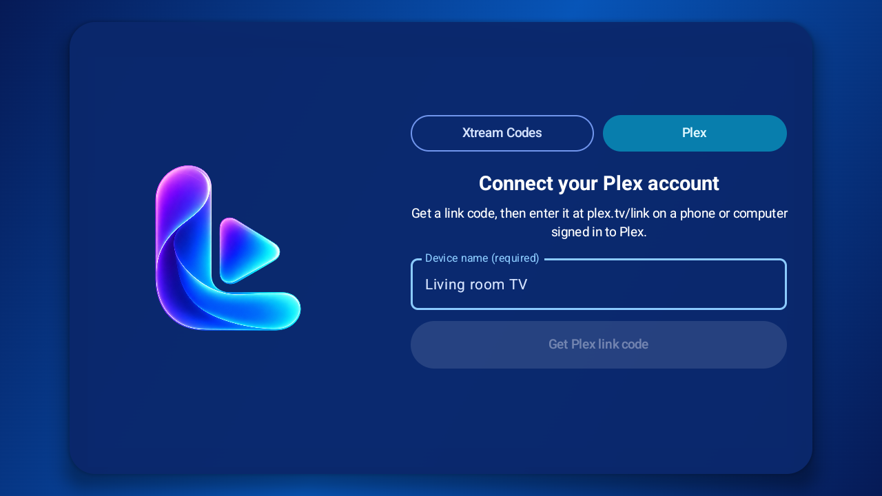 Actual LumaPlay Plex sign-in screen on an Android TV emulator, with Plex and Xtream Codes sign-in choices and a required device name